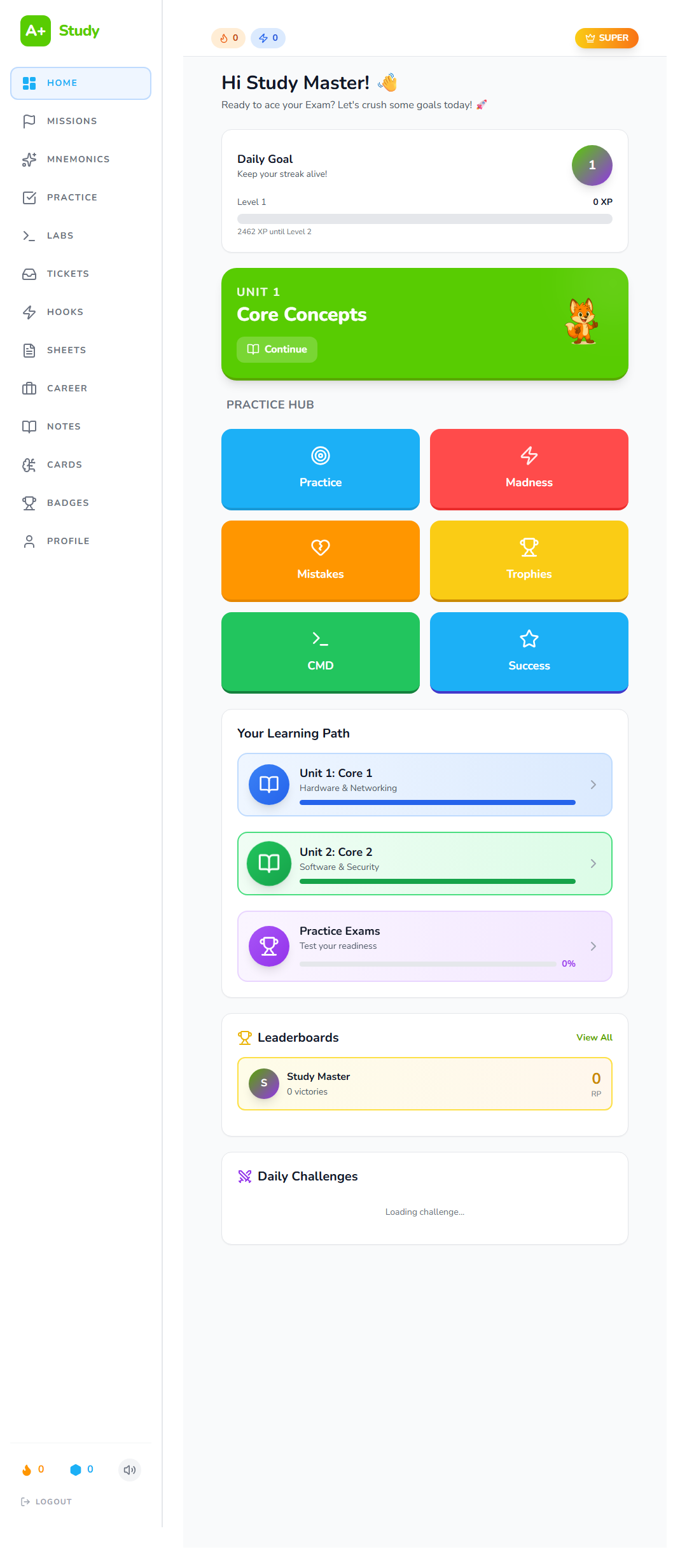 A+ Study App Interface